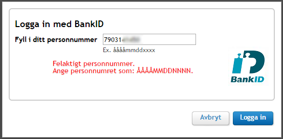 felmeddelande från Mobilt Bank ID när personnummer har fel format